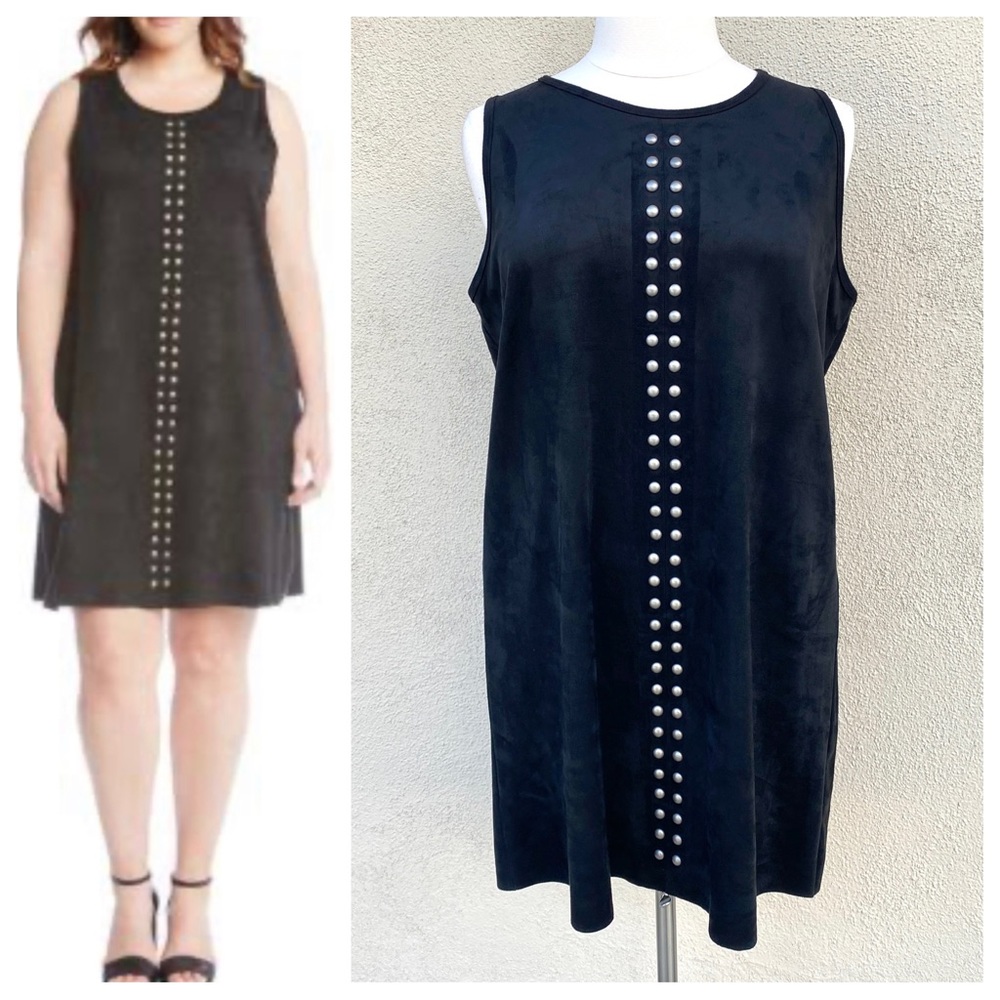 KAREN KANE black DRESS Plus Size 1X Studded A-Line FAUX SUEDE stretchy studded